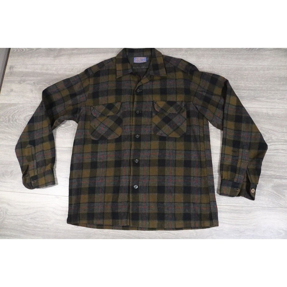 VTG Pendleton Flannel Medium Brown Plaid Virgin Wool Button USA Mens M (Patches)